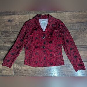 Christopher & Banks Jacket Women Med Floral Button Front Long Sleeve Red & Black